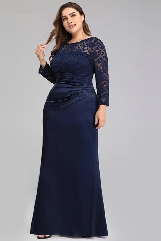 Navy Blue Long Sleeve Lace Mermaid Plus Size Evening Prom Dress