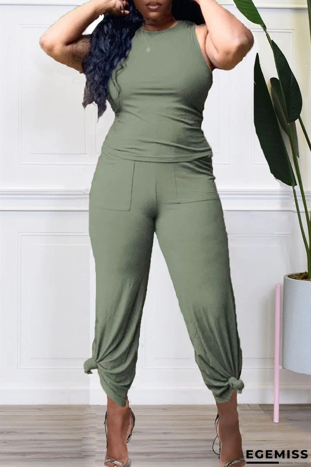 Green Fashion Casual Solid Patchwork O Neck Sleeveless Two Pieces | EGEMISS