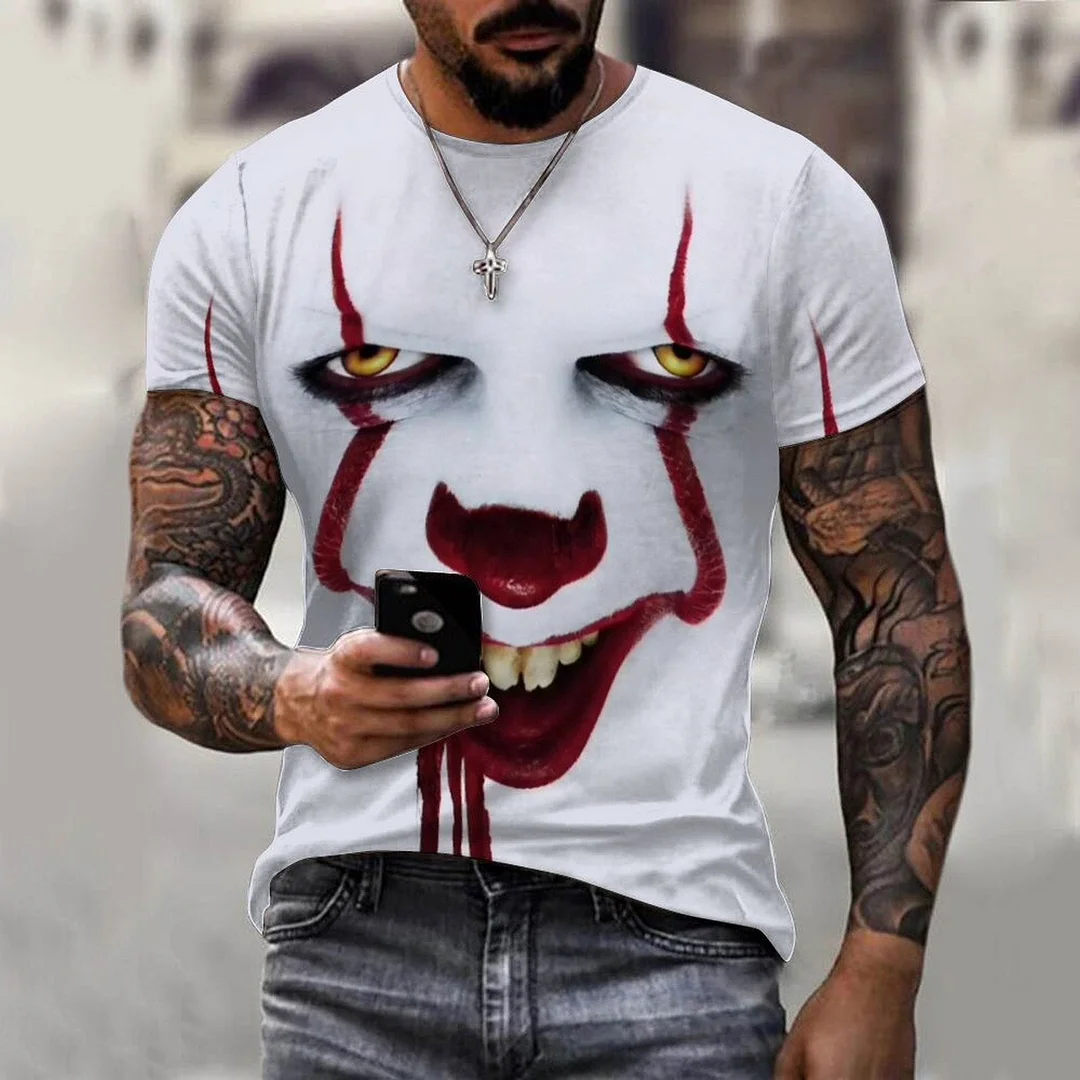 Aonga Halloween 2022 Summer Men 3D  T-Shirt Urban Trend Joker Face Pattern Rock Hip Hop Street Style Clown Pattern Short Sleeve Oversized Tees