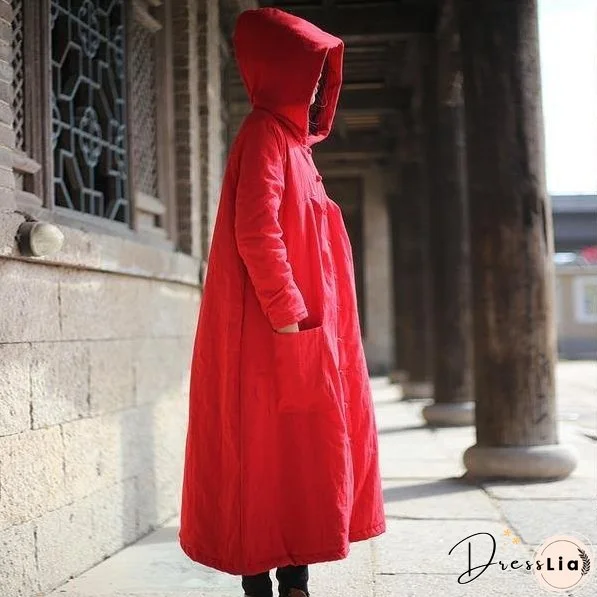 Women Hooded Parkas Pockets Button Vintage CoatLoose Thick Warm Women Clothes Parkas