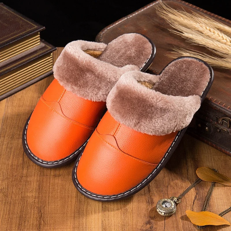 Female Anti-slip Warm Household Slipper Men Leather Slippers In Autumn And Winter Plus Size For 45 Couples Cotton Slippers