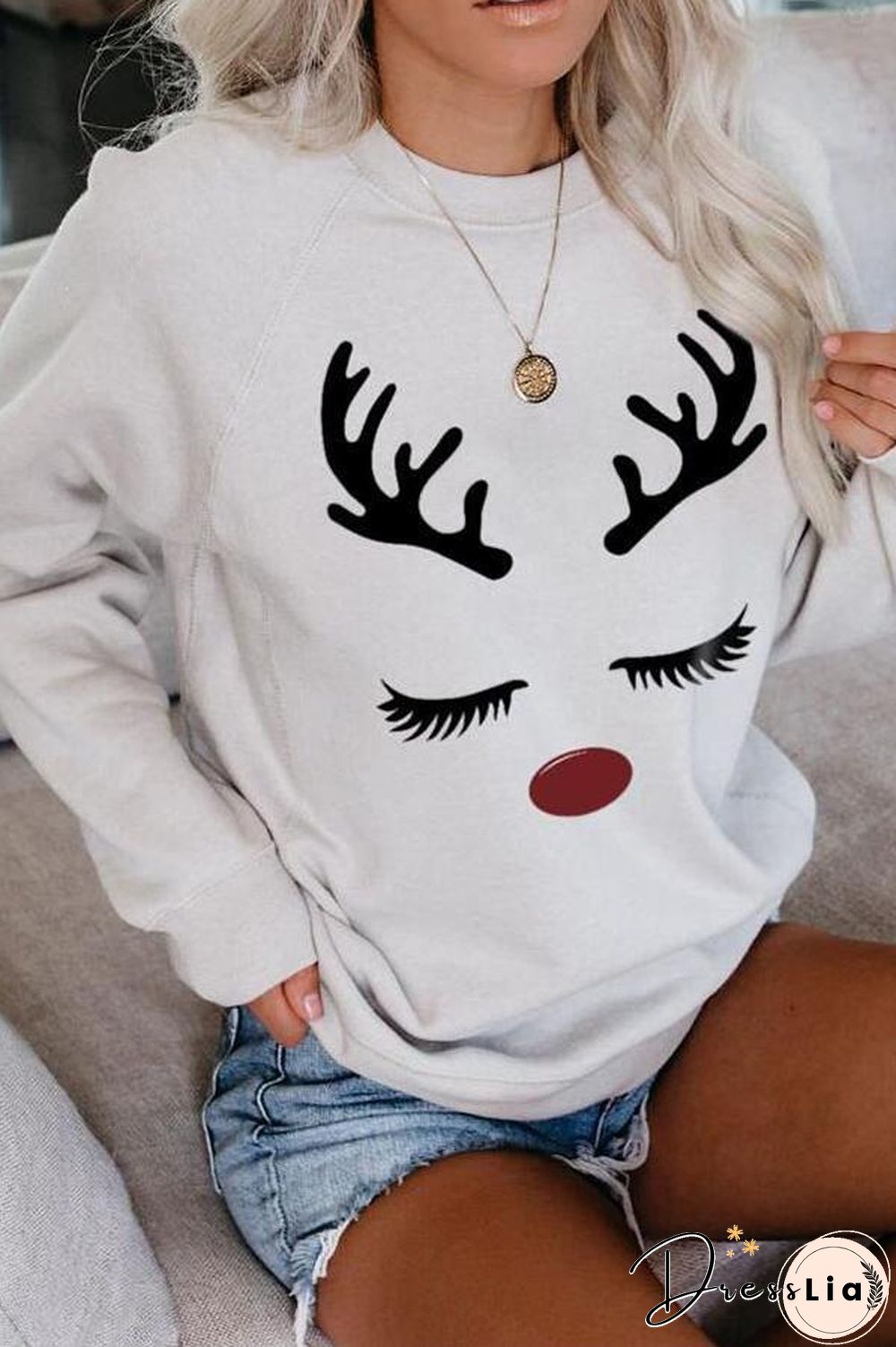 Elk Print Round Collar Sweatshirt P11421