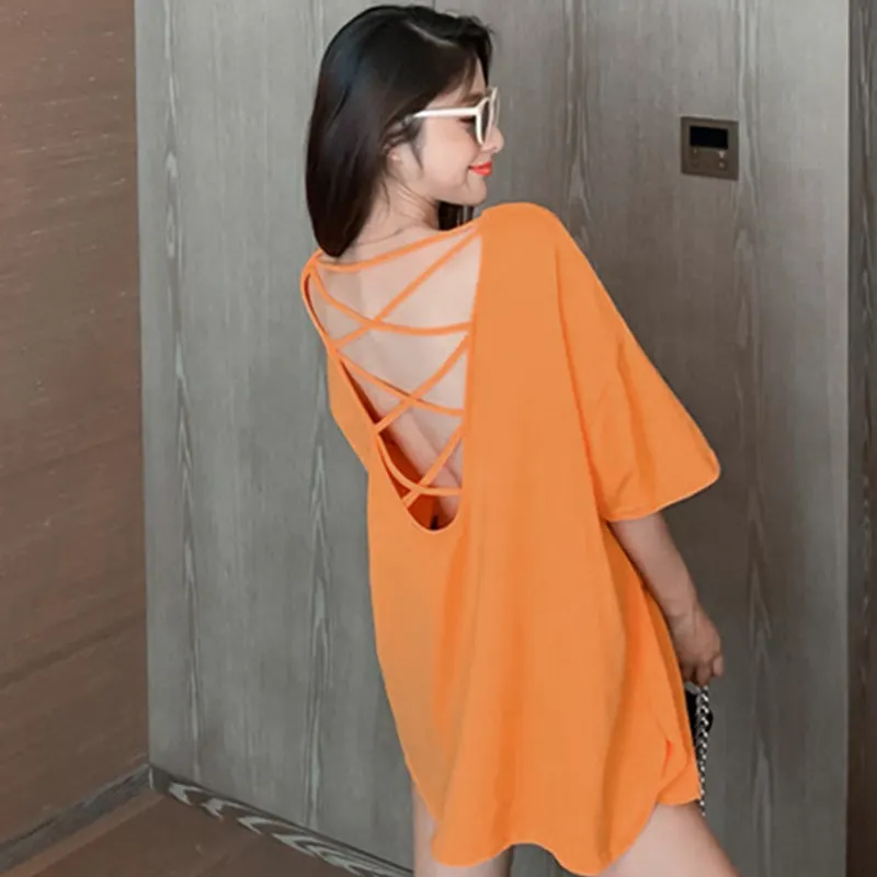 Backless Pure Color Loose T-Shirt