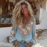 Vintage Pink Roses Flower Embroidered Linen Blend T-shirt - Image 2