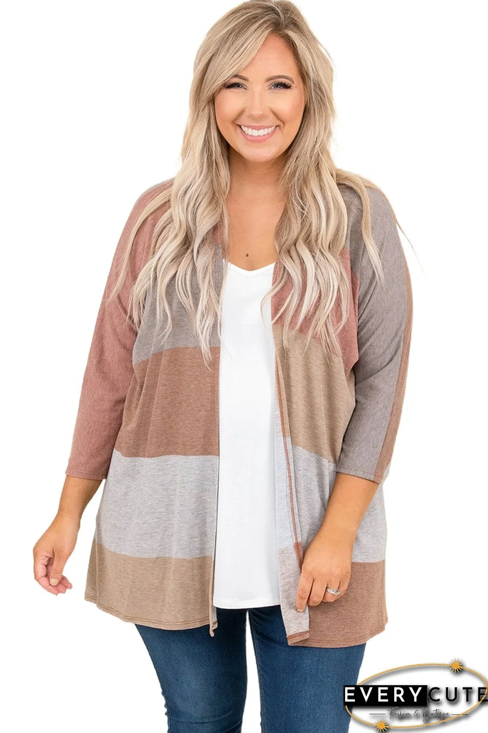 Multicolor Plus Size Colorblock Knit Cardigan