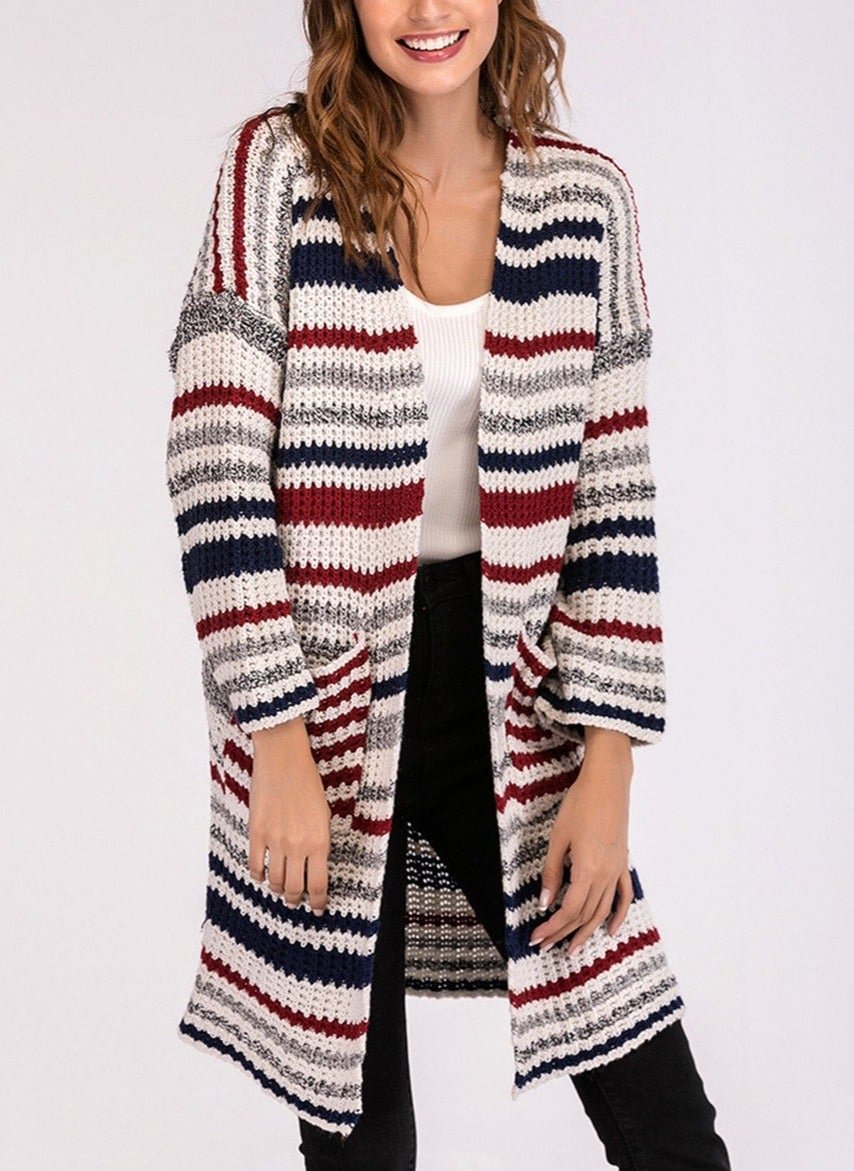 Ladies Colorful Striped Long-sleeved Woolen Cardigan | EGEMISS