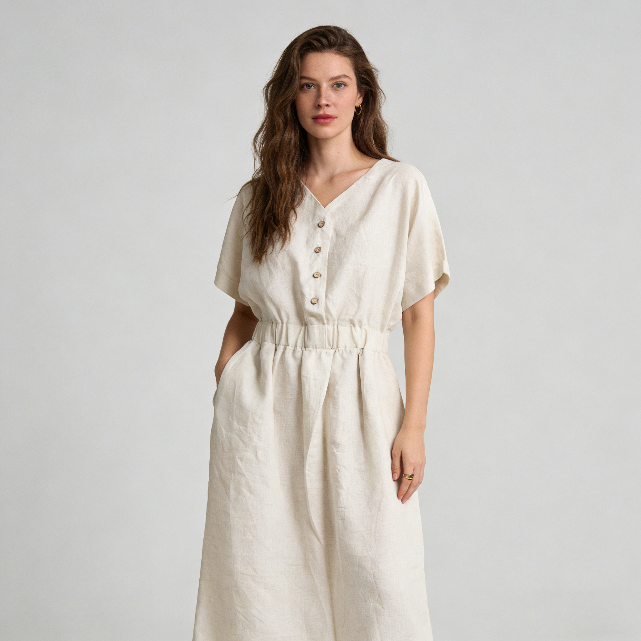 Linen Maxi Dress Women 100% Linen V Neck Elastic Waist Summer Dress REAL SILK LIFE