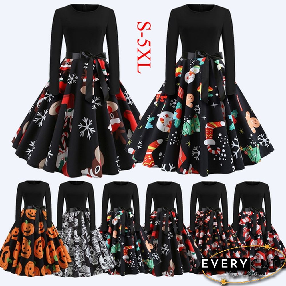 6 Styles Fashion Lady Autumn and Winter Xmas Clothes Christmas Costume Casual Long Sleeve Halloween Print Party Dress Plus Size