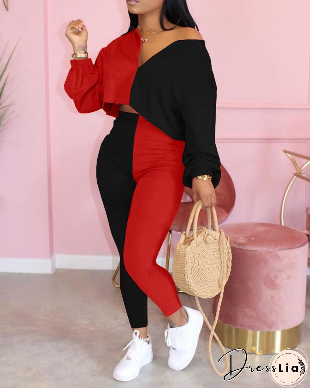 Colorblock V-neck Crop Top & High Waist Pants Set