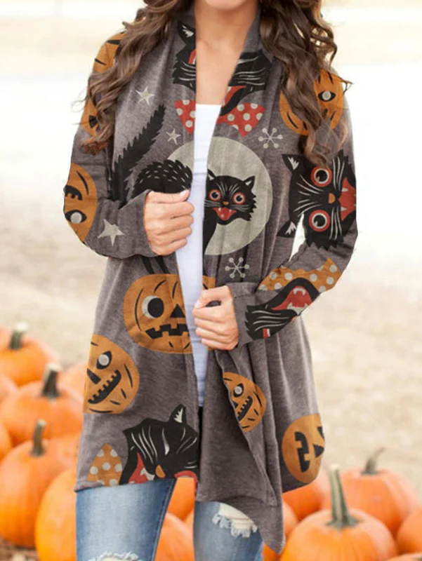 Women's Halloween Cat Pumpkin Print Thin Cardigan