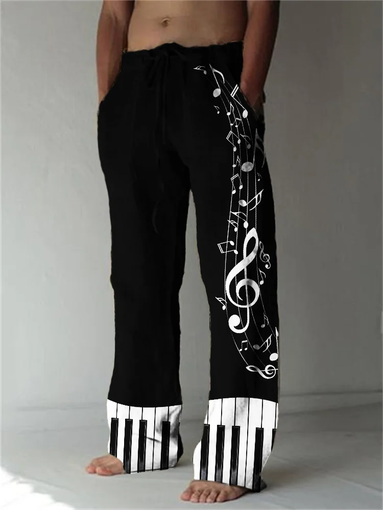 Men's Music Notes Piano Contrast Casual Pants