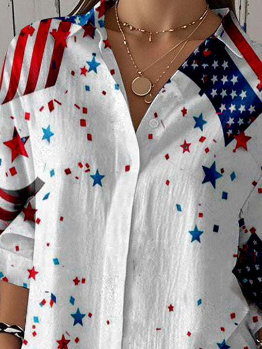 Women 3/4 Sleeve Shirt Collar National Flag Striped Printed Graphic Button Tops