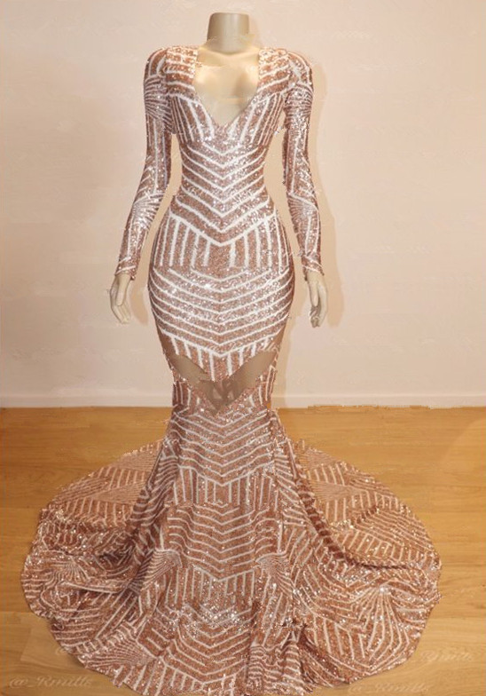 Bellasprom Long Sleeves Prom Dress Mermaid Sequins On Sale V-Neck Bellasprom
