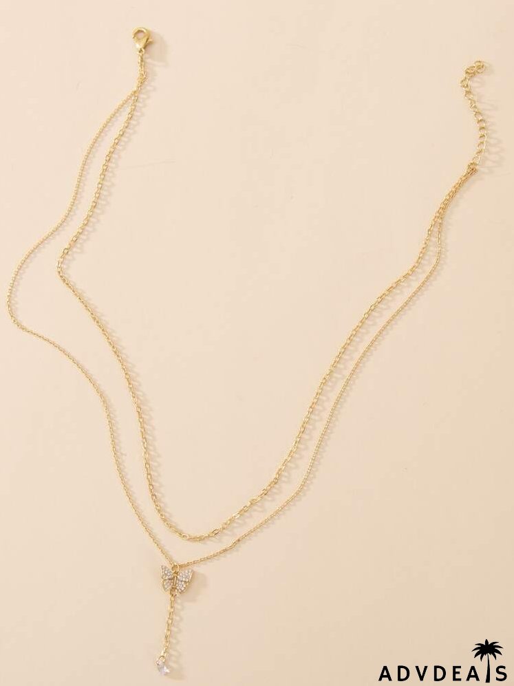 Rhinestone Butterfly Decor Layered Necklace