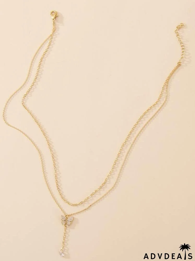 Rhinestone Butterfly Decor Layered Necklace