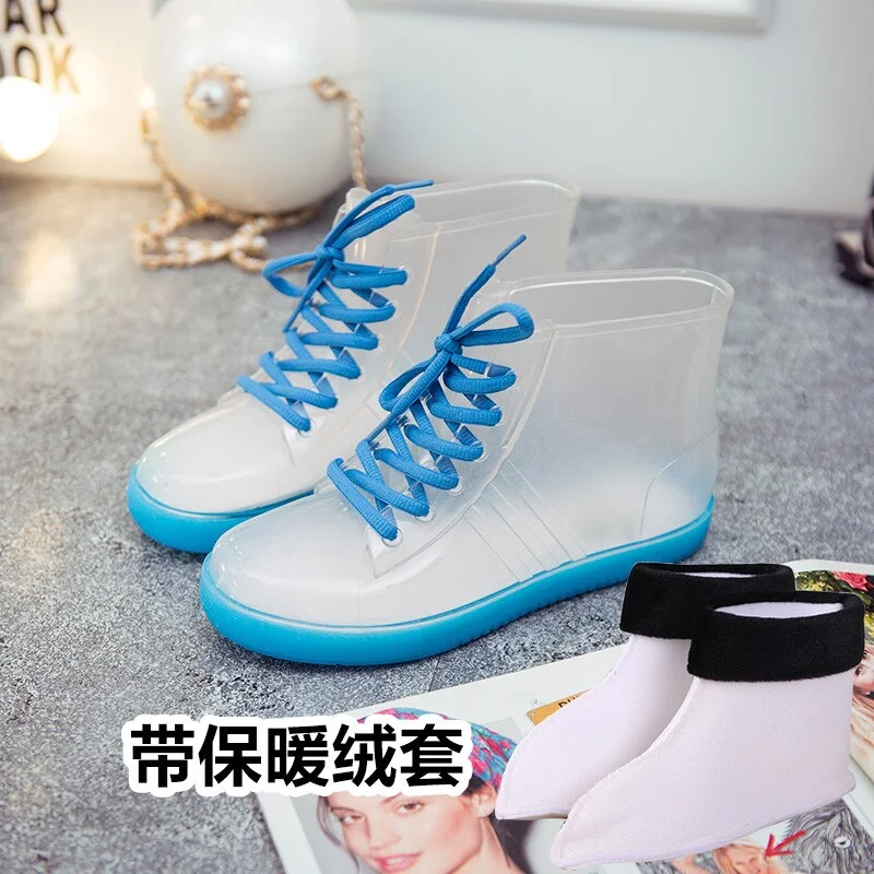 Jelly Transparent Anti-Slip Fashion Waterproof Shoes Rainshoes Rain Boots Shoe Cover Woolen Cotton Rubber Boots Female Short