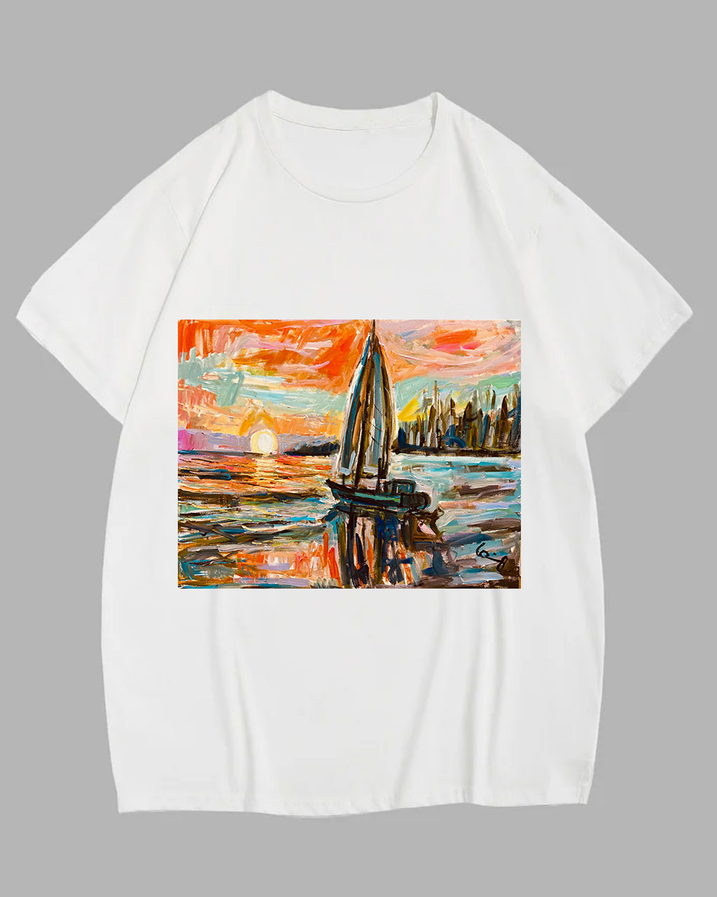 Big and Tall Guy's Artistic Sailboat Painting Graphic Short Sleeve T-Shirt
