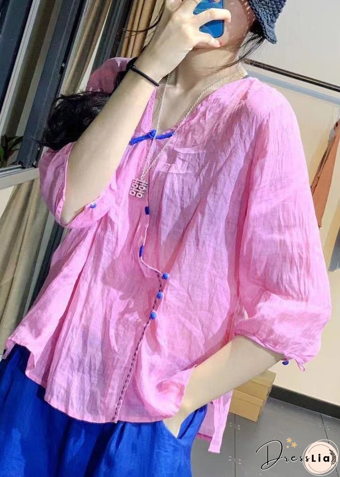 French Pink V Neck Button Cotton Shirt Bracelet Sleeve