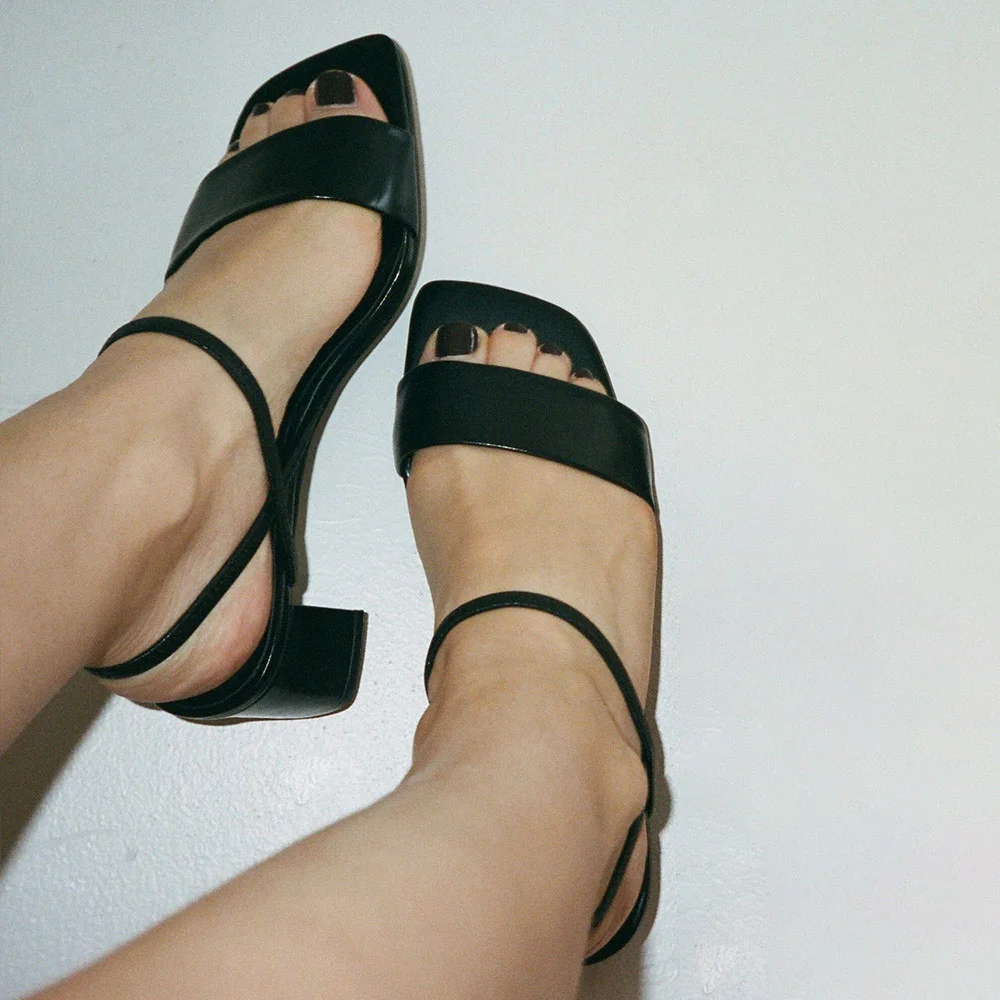 YDN Black Open Square Toe Slingback Simple Block Heel Sandals