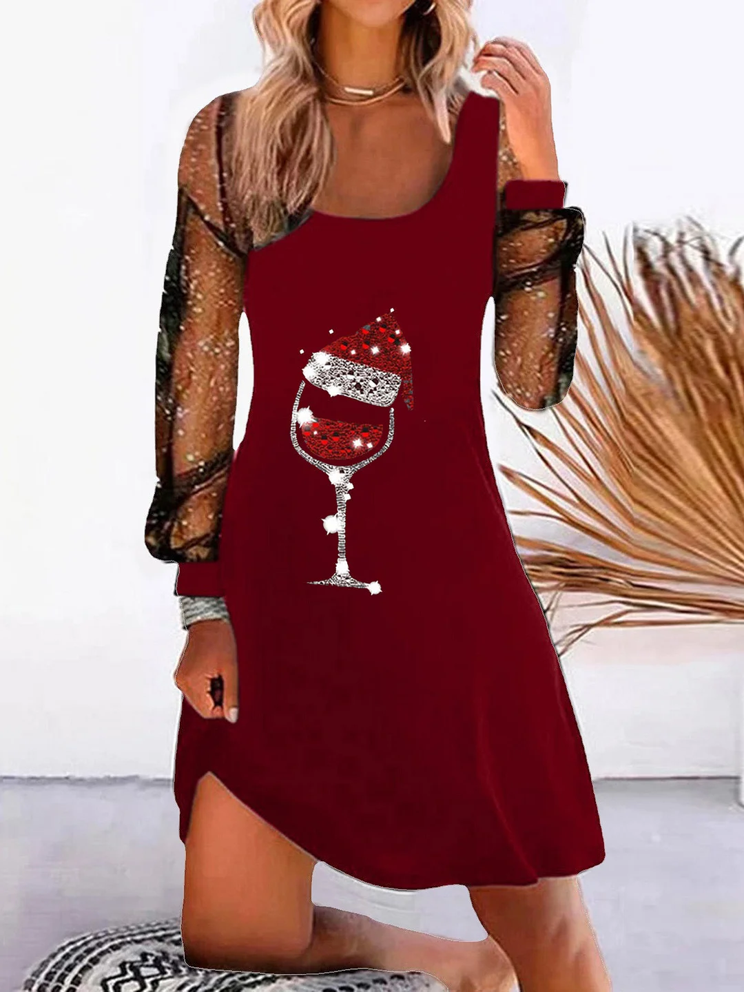 Women's Long Sleeve U-neck Graphic Stitching Midi Dress