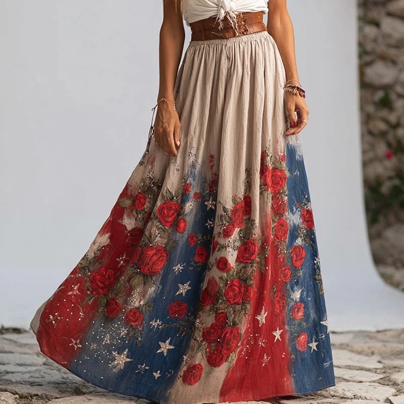  Women's Independence Day Floral Gradient Print Linen Skirt Westsshops
