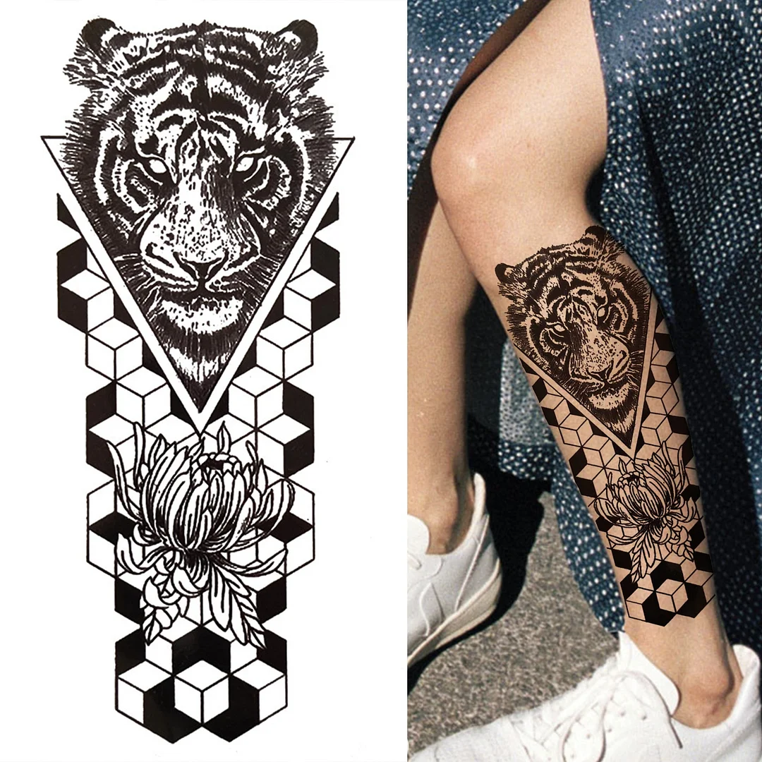 Realistic Fake Lion Temporary Tattoo For Women Men Adult Black Forest Tiger Tattoo Sticker Wolf Death Skull Animal Tatoos Thigh