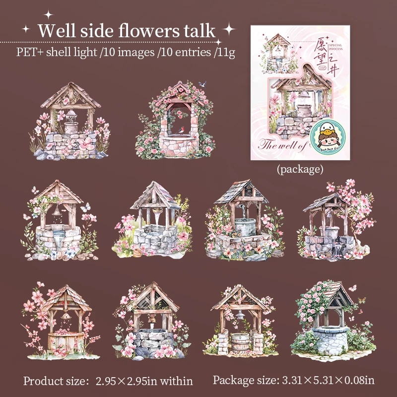 PET Sticker - The Well of Wishes Series Vintage Flower Well Landscaping 