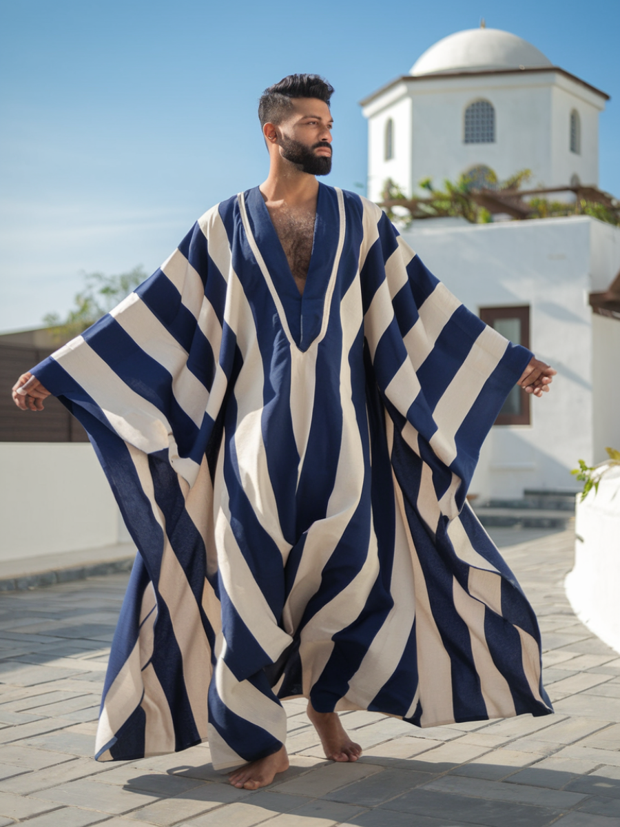 Men's Navy Striped Polyester V Neck Robe