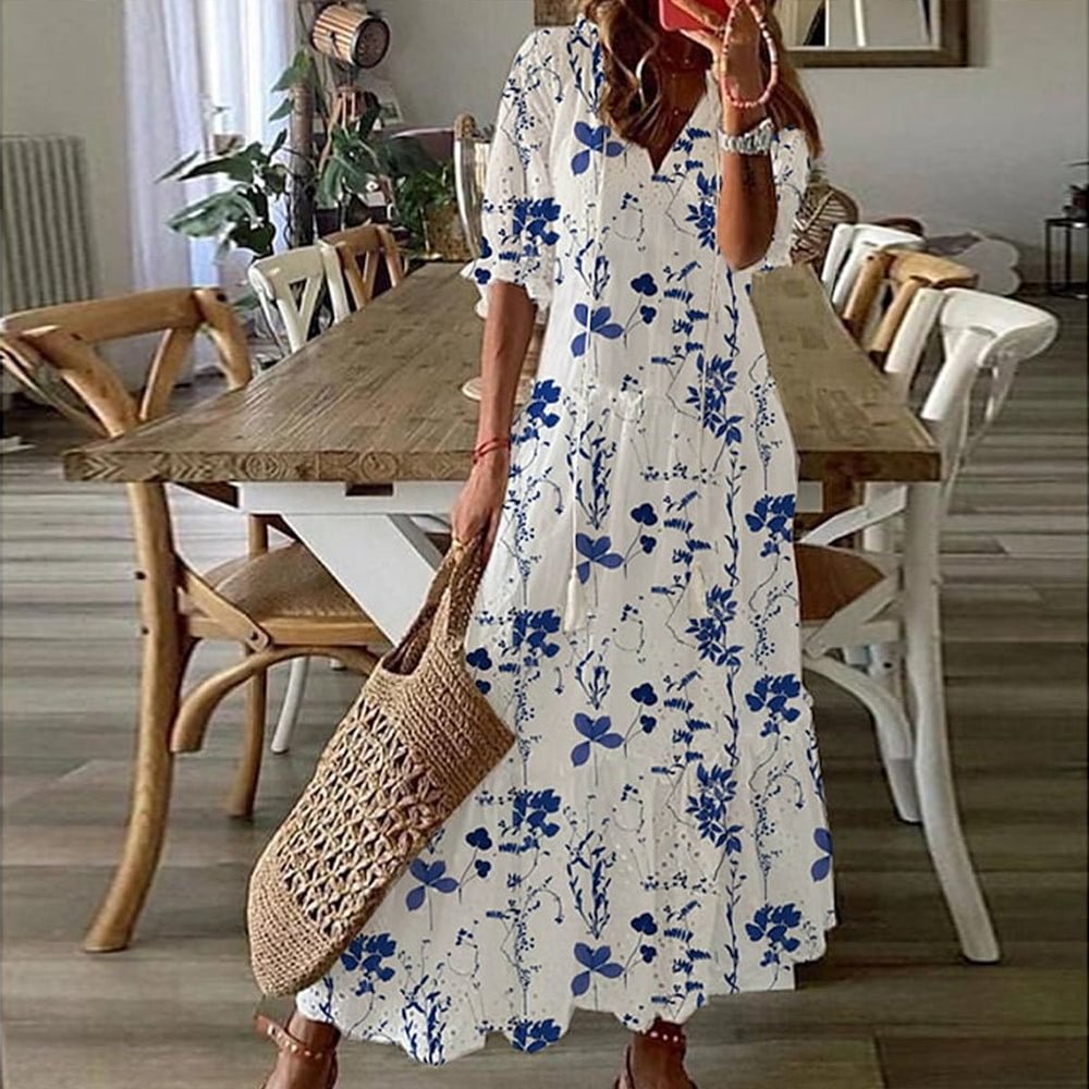 White Print Short Sleeve Midi Dress