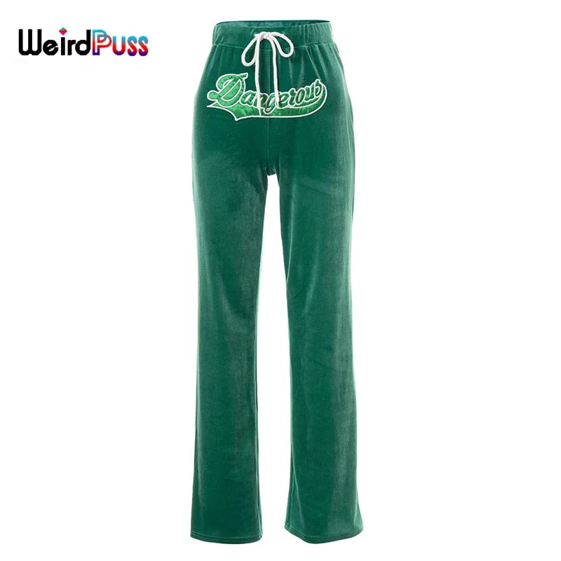 Weird Puss Letter Embroidery Straight Pants Velvet Women Drawstring High Waist Trousers Casual Baggy Wild Streetwear Sweatpants