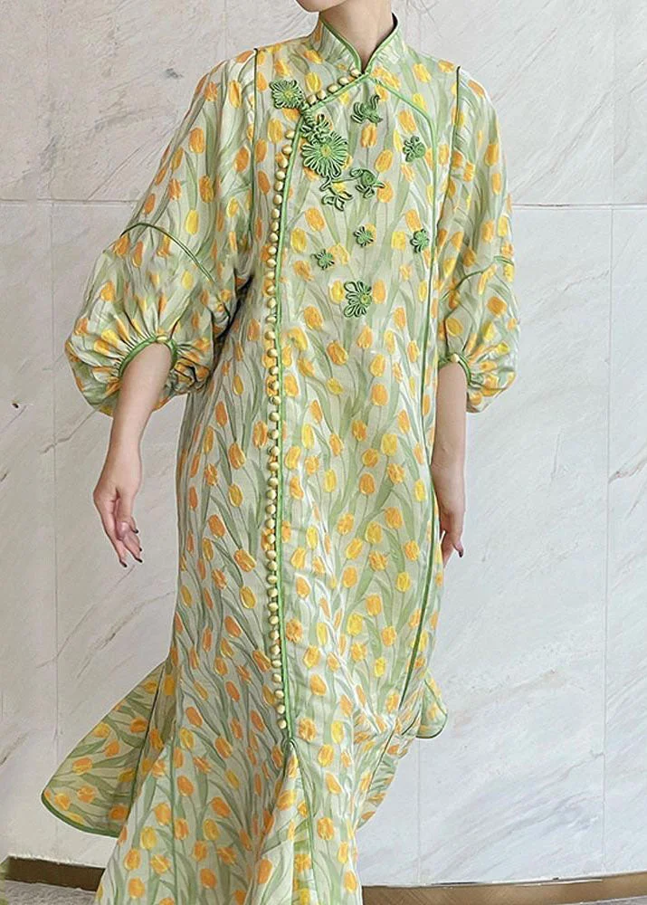 Elegant Yellow Green Embroideried Button Silk Maxi Dresses Fall