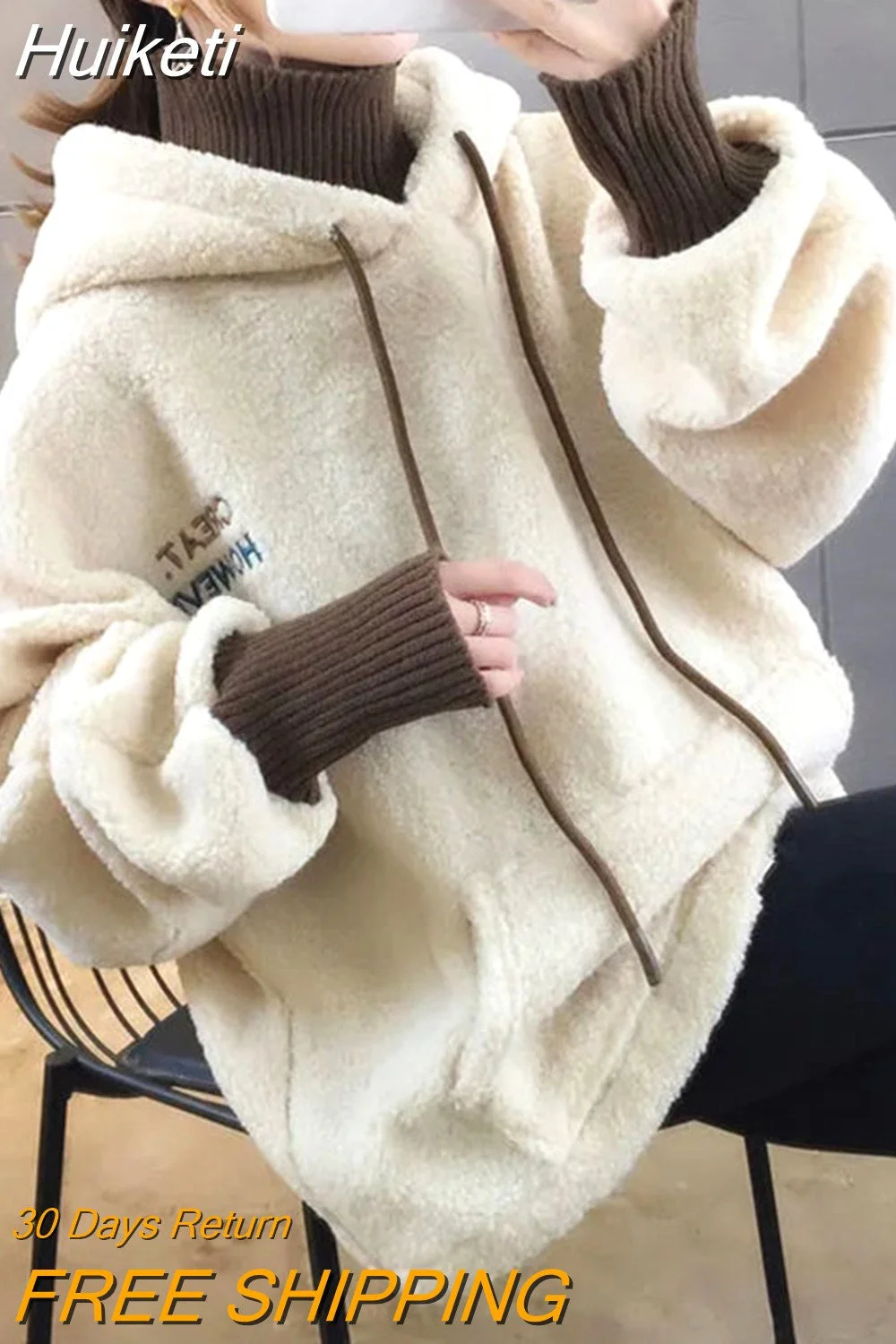 Huiketi Faux Lamb Sweatshirt Women Loose Fake Two Piece Fashion Hoodies Fluffy Big Pocket Letter Long Sleeve Winter Female Tops