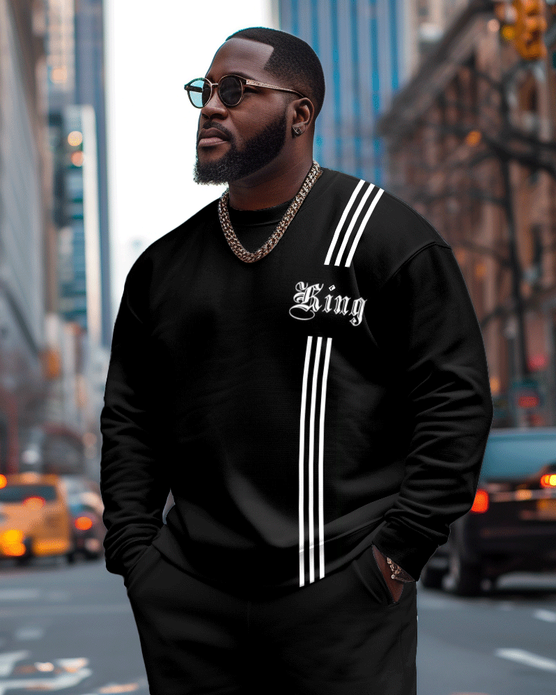 Men's Plus Size Street Fashion Striped King Print Casual Long Sleeve Sweatshirt