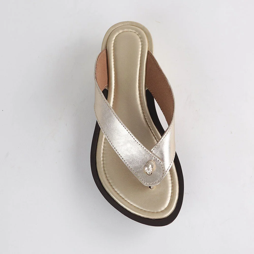 Gold Metallic Finish Open Round Toe Wedge Heel Platform Flip Flops