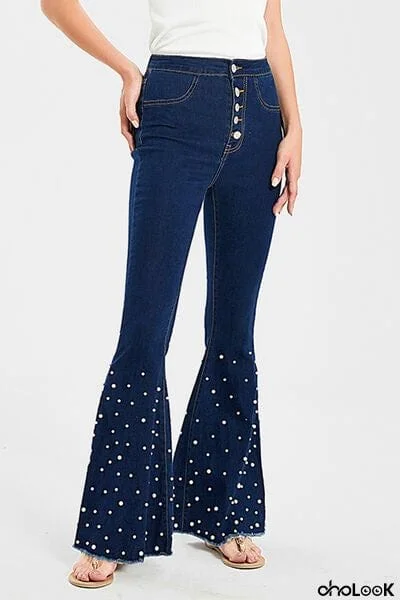 Pearl Detail Raw Hem Flare Jeans