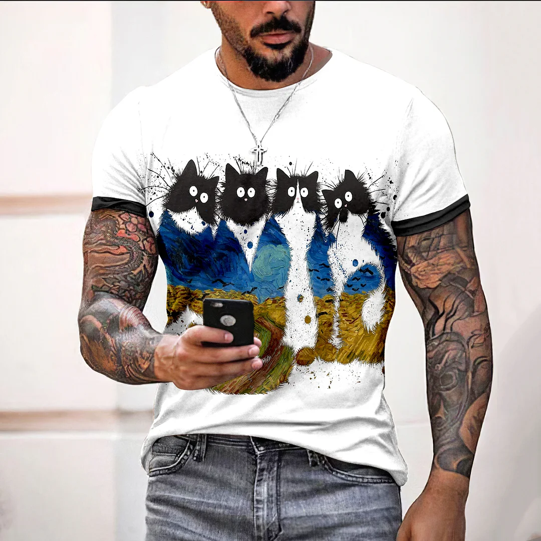Wheatfield With Crows In Kitten Print Short Sleeve T-Shirt