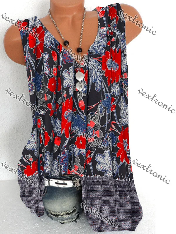 Women's Sleeveless Floral Printed Printed V-neck Tops T-shirt