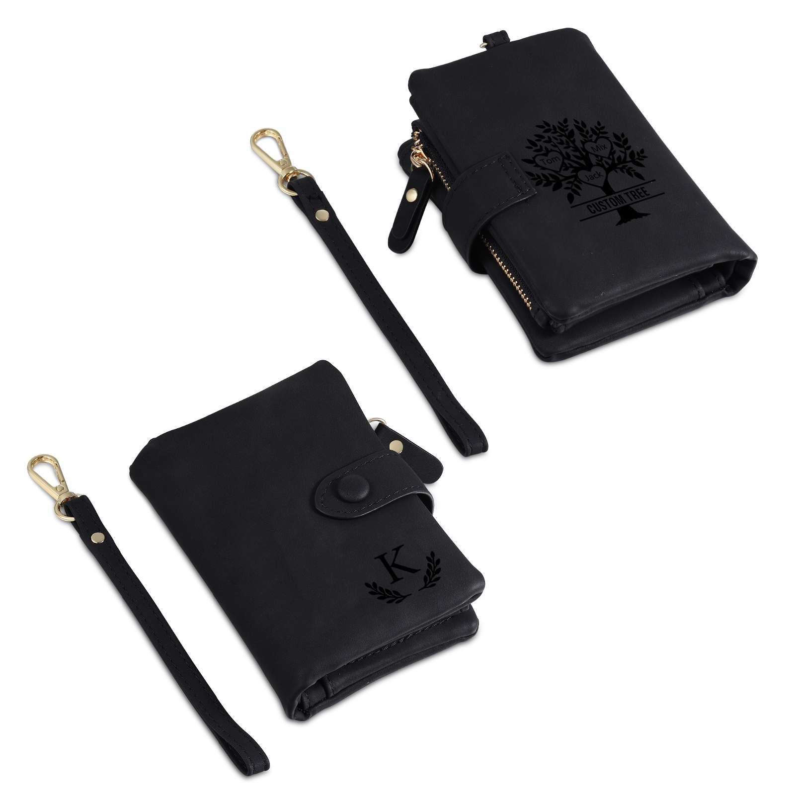 Portafoglio Albero della vita in PU pelle con 3 nomi & 1 testo & 1 lettera personalizzati per donna