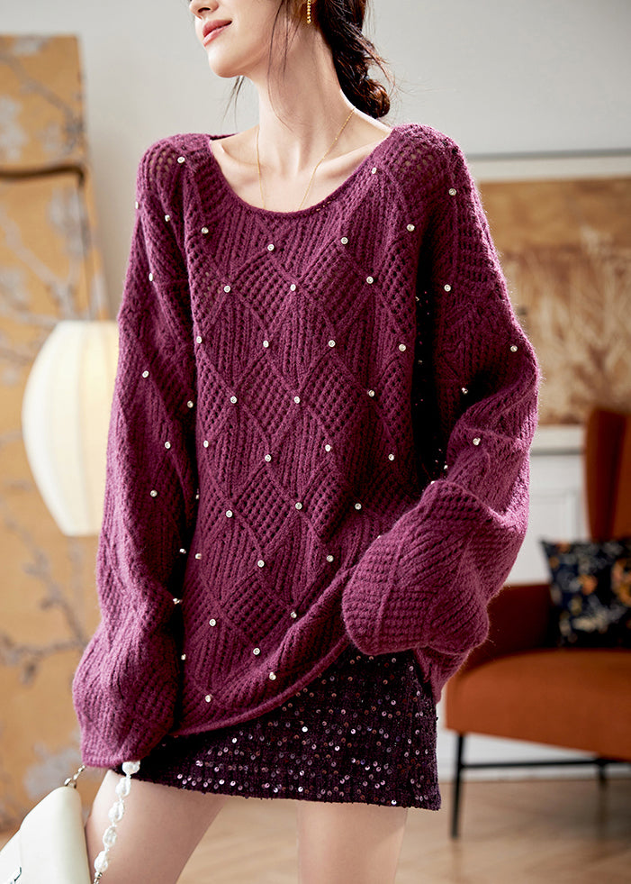 VCSHOES Purple O Neck Zircon Knit Sweaters Fall