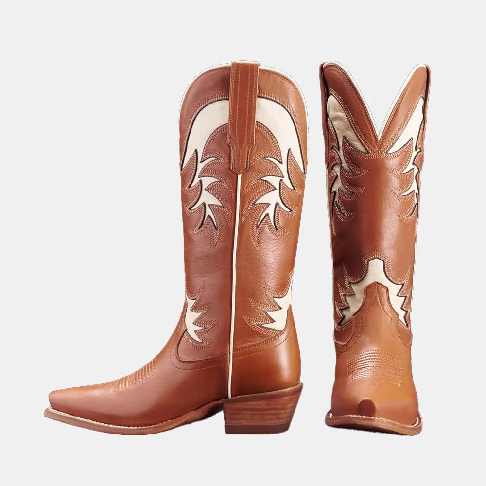 Brown Snip Toe Chunky Heel Stitching Mid Calf Western Boots for Women