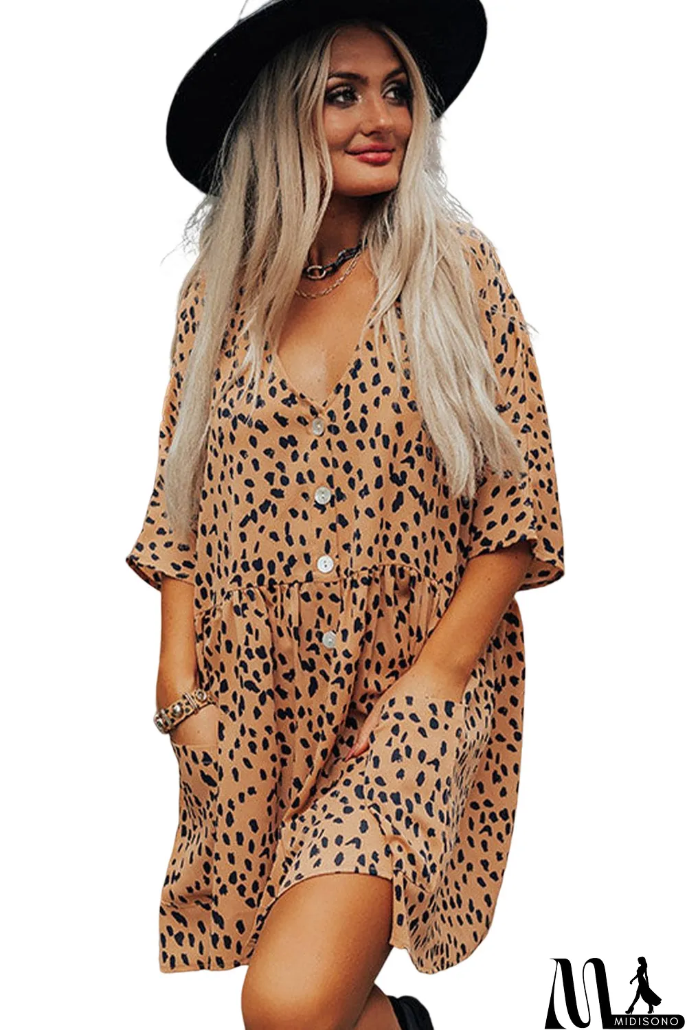MidiSono - Leopard Button V Neck Tunic Dress