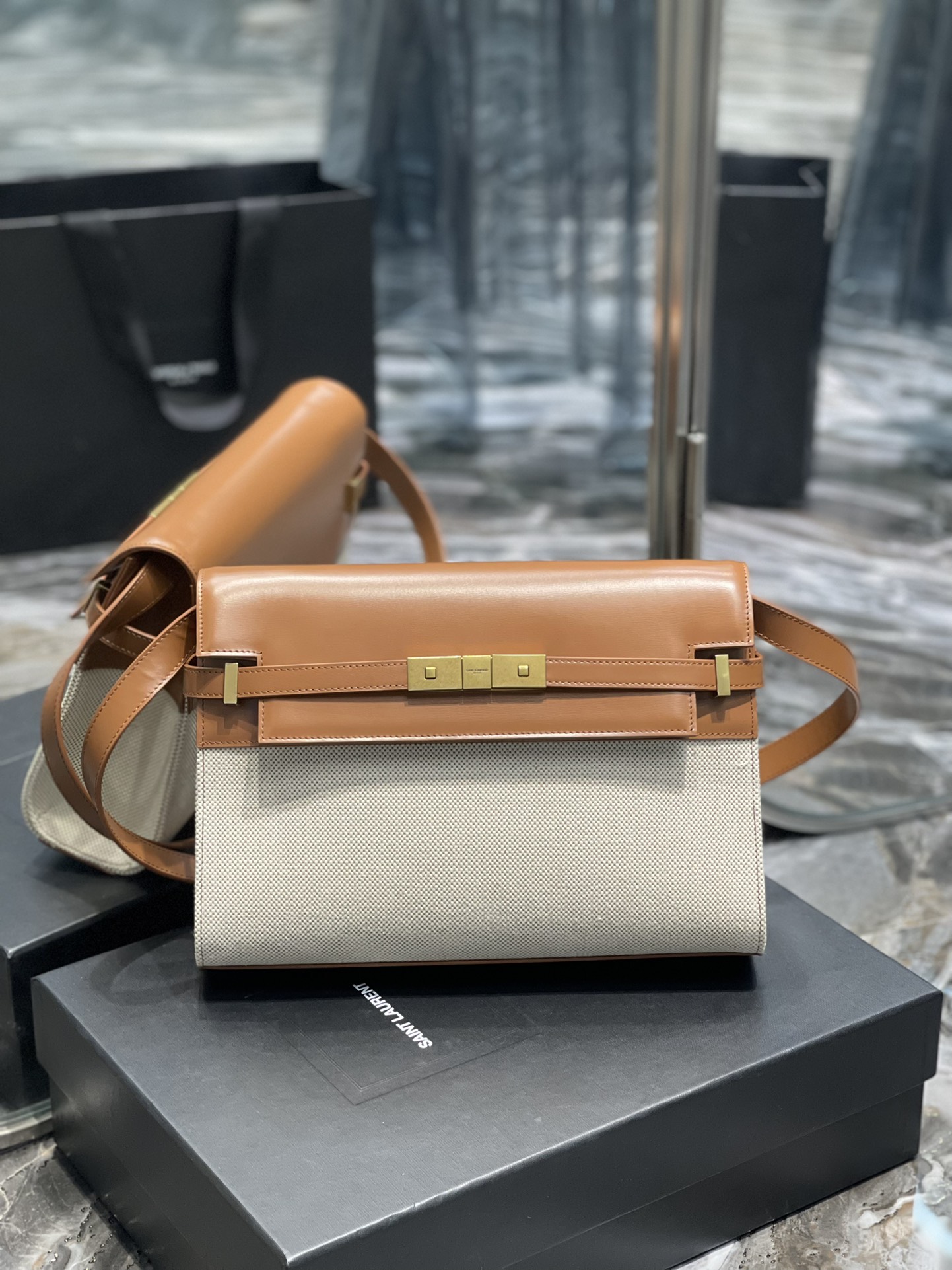 YSL Medium Manhattan Bag in Brown Leather & Beige Canvas
