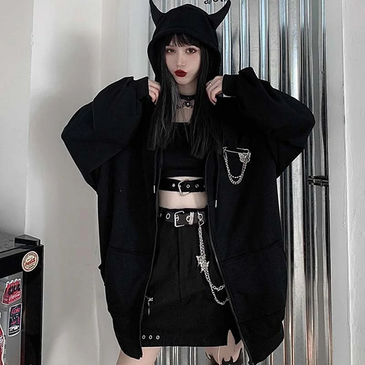 Gothic Little Demon Loose Hooded Coat - Modakawa modakawa