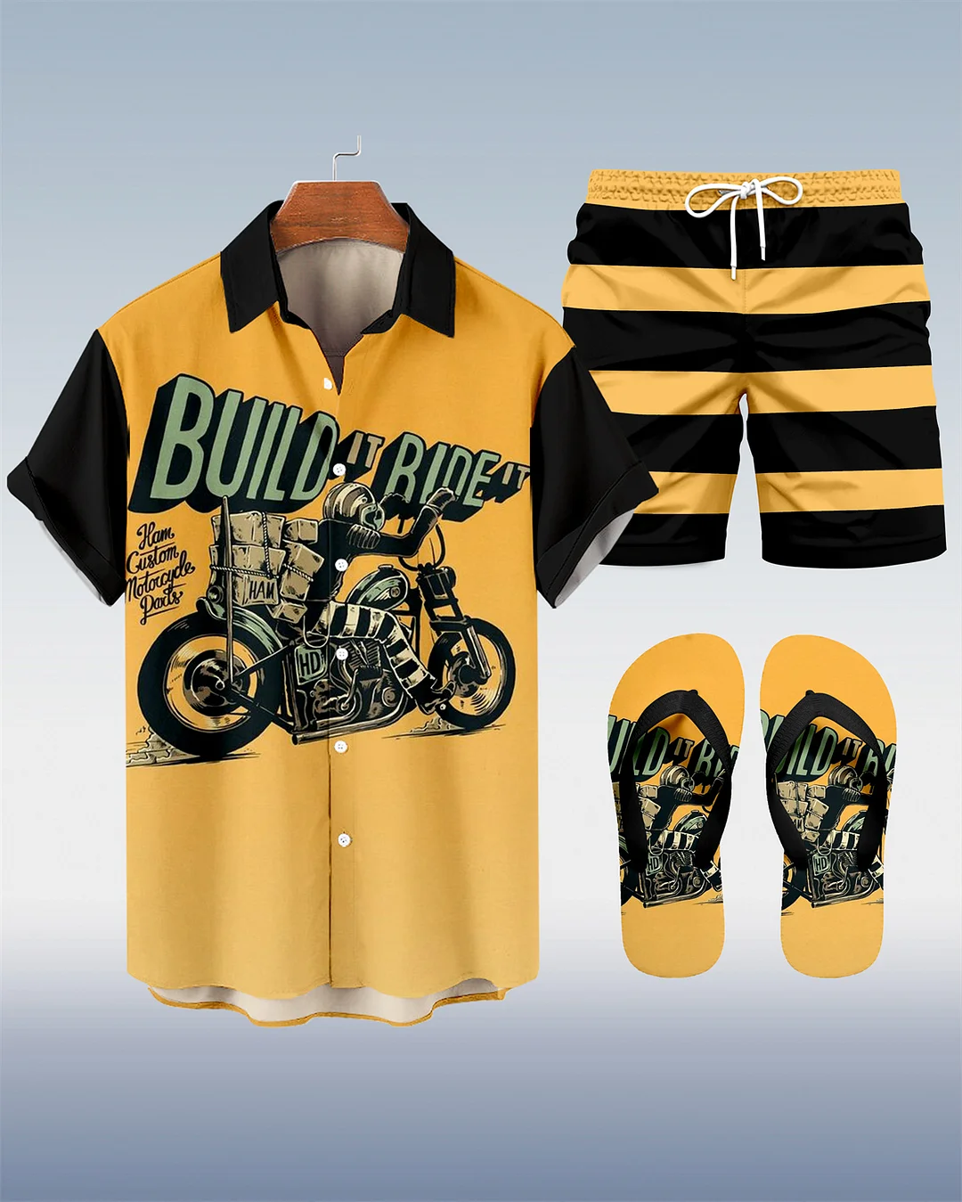 Suitmens Men's Modified Motorcycle Print Shirt Three-Piece Set 070