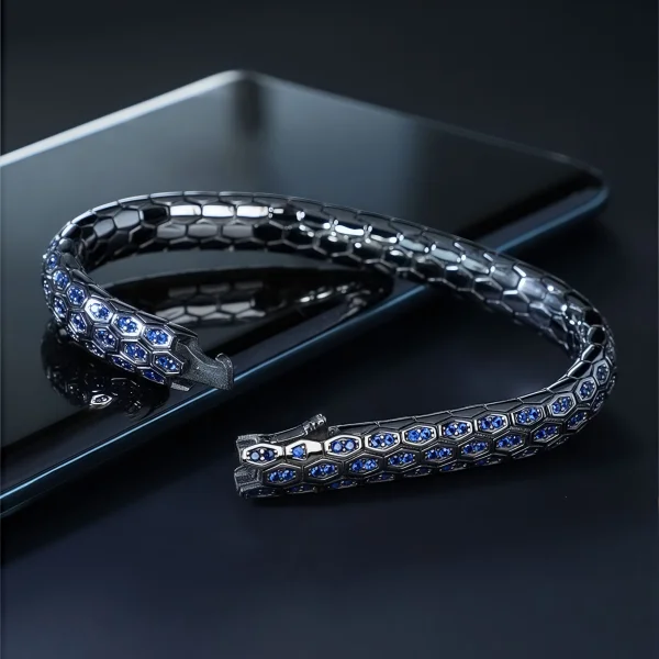 Sterling Silver Handmade Blue Zirconia Black Snake Bracelet