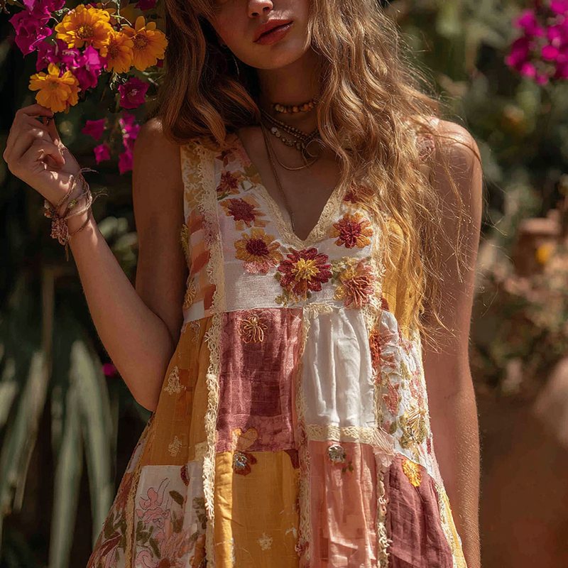 Women's Vintage Floral Color Block Linen Sleeveless Tank Top