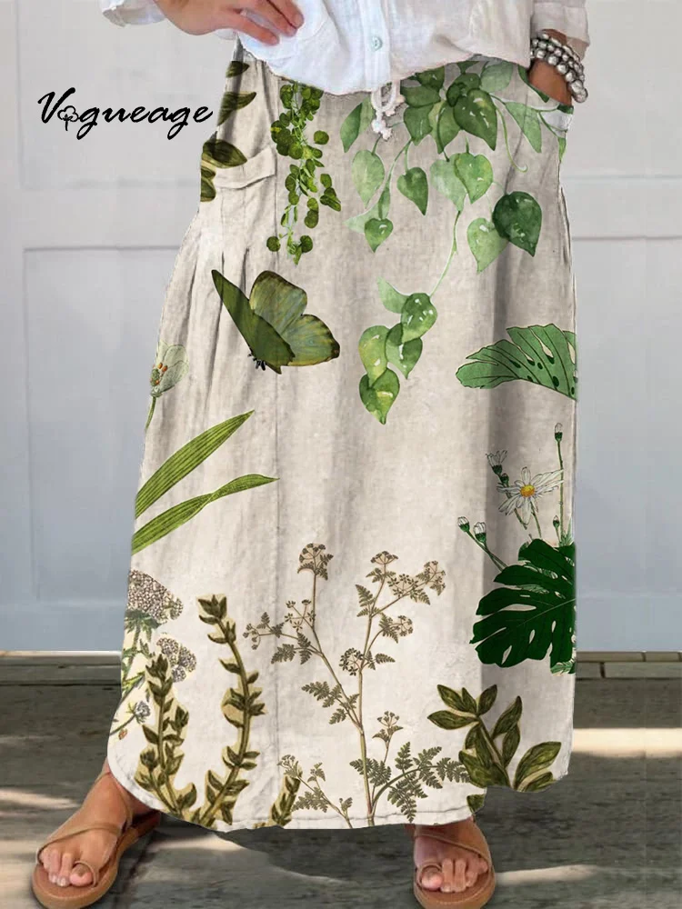 Simple And Fresh Plants Leaves Butterfly Printed Women's Casual Cotton And Linen Skirt