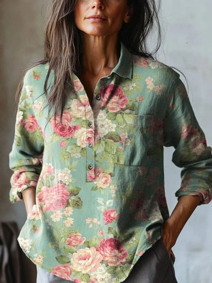 Women's Vintage Lovely Floral Art Print Casual Cotton And Linen Shirt