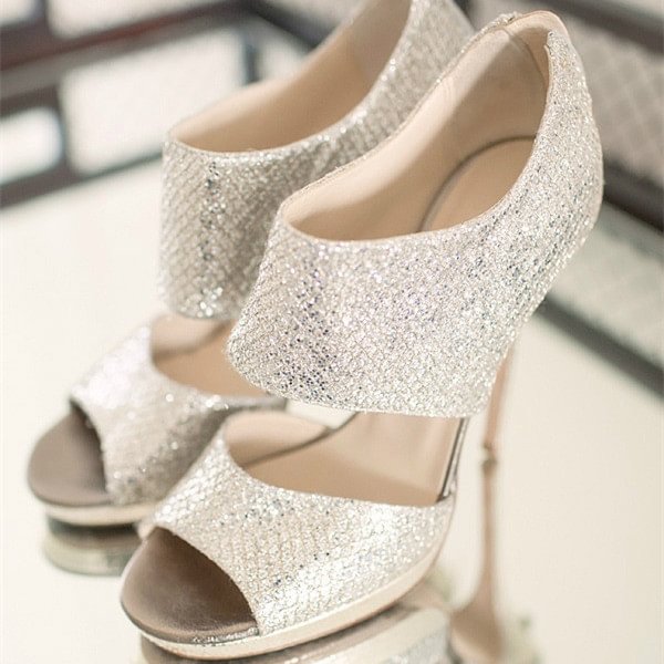 Silver Bridal Heels Sparkly Sandals Cutout Stiletto Heels for Wedding |FSJ Shoes