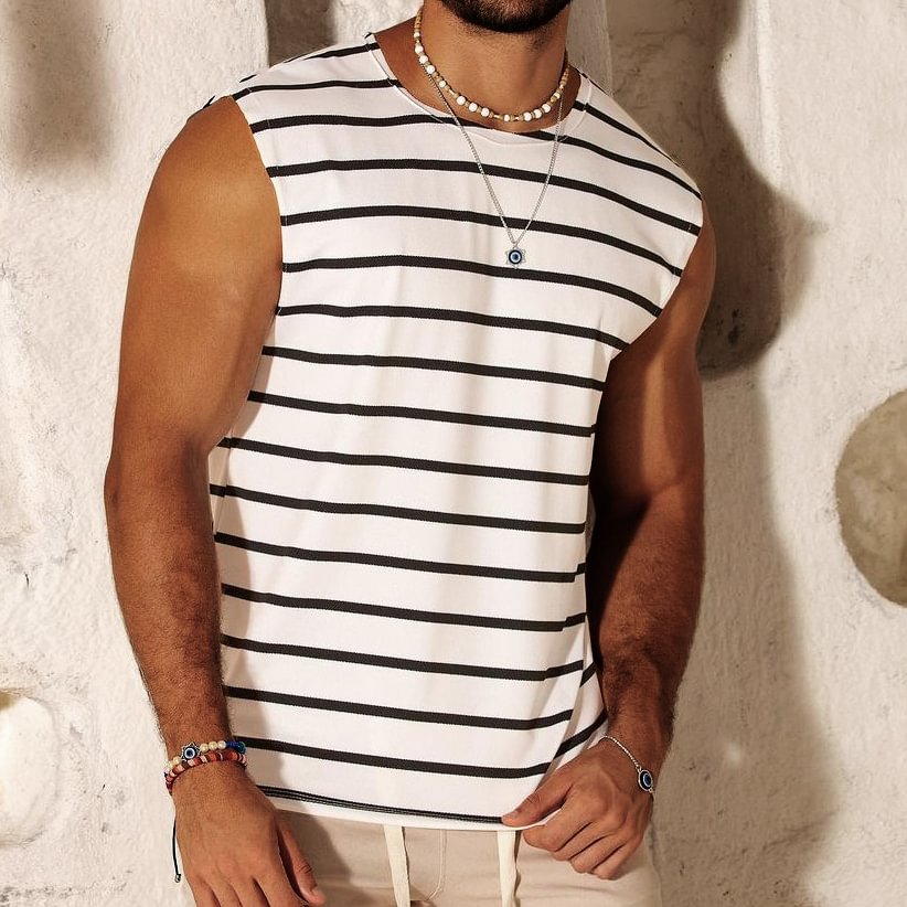 Summer Men's Stripe Print Tank Top Beach Casual Breathable Sleeveless Vest T-Shirt、、URBENIE